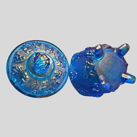 Vintage Cobalt Blue Glass Covered Candy Dish with Grape Leaf Design, Footed - Picture 5 of 7